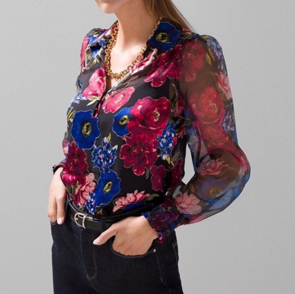 Sheer Floral Collared Blouse in Black, Pink & Blue